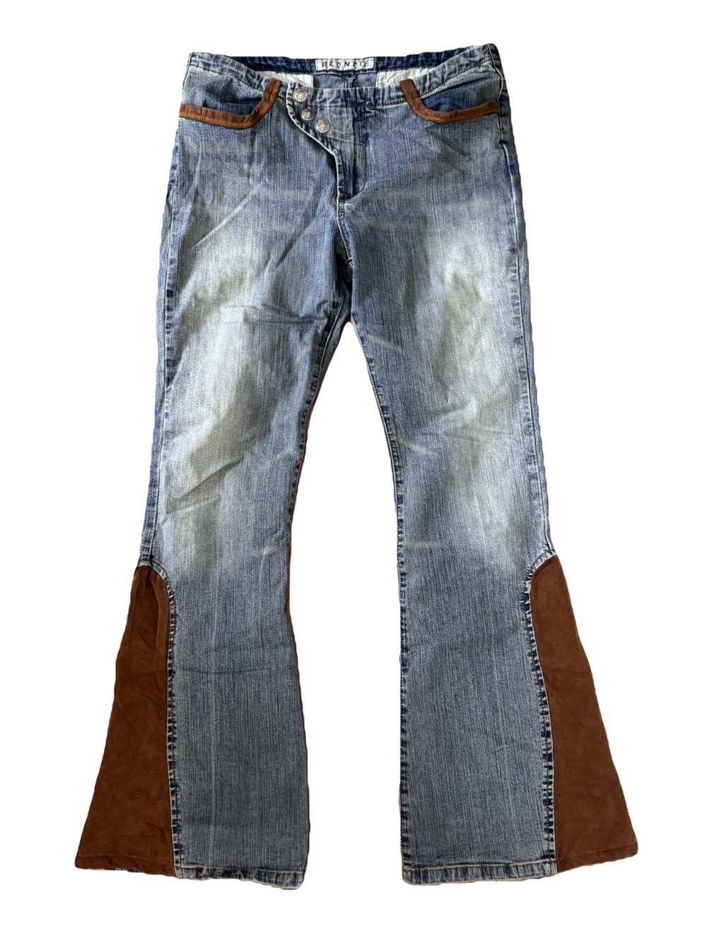 Women's Flare Jeans with Brown Suede Panels - Denim